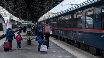 Le train de nuit de la compagnie autrichienne OBB à destination de Berlin et Vienne, à la gare de l'Est, le 2 avril 2024. (LAGEAT PERROTEAU / HANS LUCAS / AFP)