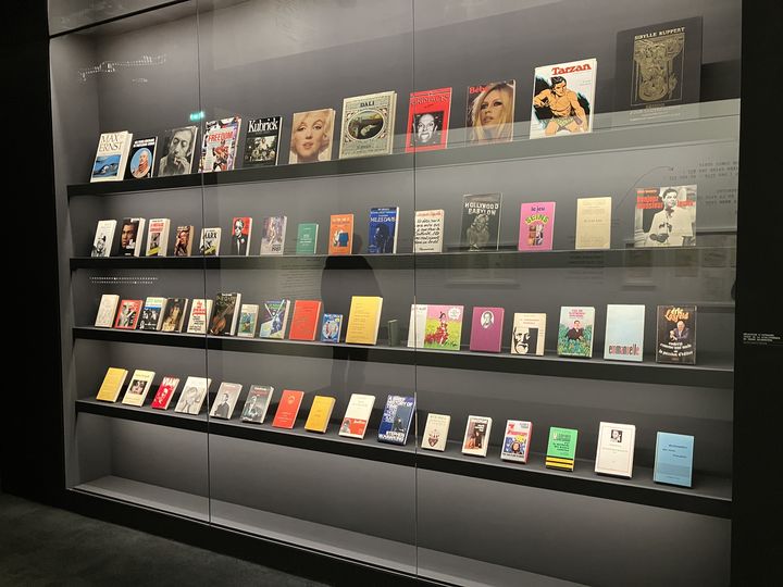 Une partie de la bibliothèque de Serge Gainsbourg, exposition "Serge Gainsbourg, le mot exact", à la La Bibliothèque publique d’information du entre Pompidou, le 25 janvier 2023 (LAURENCE HOUOT / FRANCEINFO CULTURE)