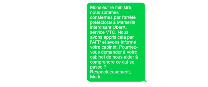 Reconstitution d’un SMS envoyé par&nbsp;Mark MacGann&nbsp;à Emmanuel Macron, daté du 21&nbsp;octobre 2015. (UBER FILES / CELLULE INVESTIGATION DE RADIO FRANCE)