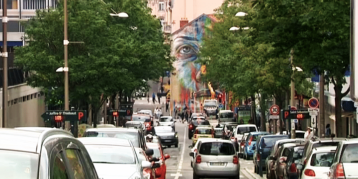 Au bout de la rue Lépold-Lallement le visage de Julia accueille les automobilistes
 (France 3 / Culturebox)