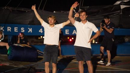 François Gabart et Tom Laperche ont conclu la 15e édition de la Transat Jacques Vabre en deuxième position dans la catégorie Ultime, mardi 23 novembre 2021.&nbsp;&nbsp; (LOIC VENANCE / AFP)