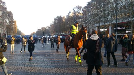 Un "gilet jaune"&nbsp;a défilé à cheval sur les Champs-Elysées à Paris, le 17 novembre 2018. (FRANCE BLEU PARIS)