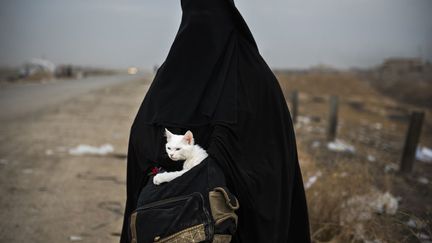 Depuis qu'elle a quitté son foyer, la jeune Irakienne vit avec ses enfants dans un camp de réfugiés à Erbil, la capitale du Kurdistan. Elle se trouve ici dans le village de Shaqouli où elle attend un bus, non loin d'un barrage contrôlé par les Peshmergas, les combattants kurdes. Plus de 40.000 personnes ont fuient Mossoul depuis le déclenchement de l'opération anti-Daech lancée il ya près d'un mois.  (AFP/ Odd ANDERSEN  - Novembre 2016)