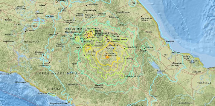 L'Institut américain&nbsp;d'études géologiques indique, sur son site, l'épicentre du séisme qui a touché le Mexique, le 19 septembre 2017. (USGS)