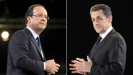 Fran&ccedil;ois Hollande, le 22 janvier 2012 au Bourget, et Nicolas Sarkozy, le 24 janvier 2012 &agrave; Marseille. (ERIC FEFERBERG / AFP)