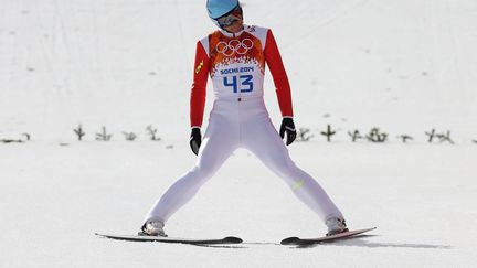 Le Fran&ccedil;ais Jason Lamy Chappuis &agrave; la r&eacute;ception de son saut du combin&eacute; nordique (petit tremplin), le 12 f&eacute;vrier 2014, &agrave; Krasnaya Polyana (Russie). (  MAXPPP)