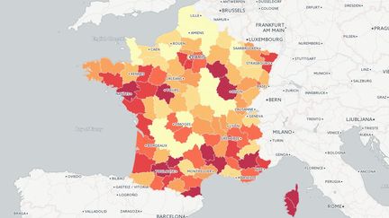 Carte de l'augmentation du ch&ocirc;mage de juin 2012 &agrave; juin 2015, d'apr&egrave;s les chiffres de P&ocirc;le emploi. (FRANCETV INFO)