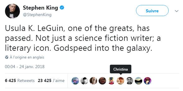 Stephen King : réaction au décès d'Ursula K. Le Guin surTwitter 
 (DR)