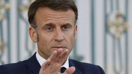 Le président de la République, Emmanuel Macron, s'exprime depuis Münster (Allemagne), le 28 mai 2024. (LUDOVIC MARIN / AFP)