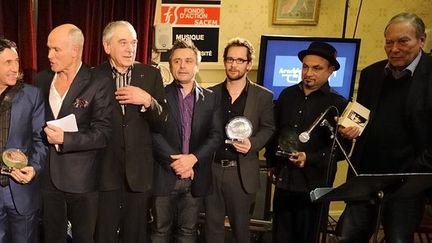 Jorge Pardo (Prix du Musicien européen), François Lacharme (président de l'Académie), René Urtreger (pianiste), Pierrick Pédron (album jazz de l'année 2012), Émile Parisien (Prix Django Reinhardt), Matthew Skoller, producteur de Lurrie Bell (Prix du blues) et le réalisateur Yves Boisset (15/01/2013) au Théâtre du Châtelet, à Paris
 (Philippe Marchin)