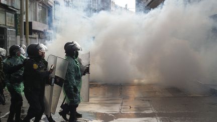 Les policiers péruviens tentent de contenir des manifestants à Puno, le 9 janvier 2023. (JUAN CARLOS CISNEROS / AFP)