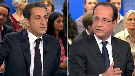 Nicolas Sarkozy et Fran&ccedil;ois Hollande, sur le plateau de "Des paroles et des actes", le 26 avril 2012. (FTVI)