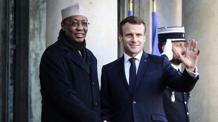 Idriss Déby, président tchadien reçu à l'Elysée par Emmanuel Macron, président de la République française, le 12 novembre 2019. (LUDOVIC MARIN / AFP)