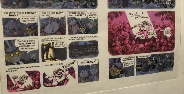 Planche originale de "Fred" de Posy Simmonds, album pour les enfants, exposée à la BPI du Centre Pompidou dans l'exposition qui lui est consacrée du 22 novembre 2023 au 1er avril 2024. (LAURENCE HOUOT / FRANCEINFO CULTURE)