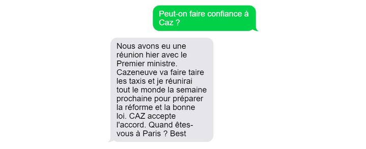 Reconstitution d’un échange de SMS entre Travis Kalanick (PDG d’Uber) et Emmanuel Macron (ministre de l’Economie), traduit de l’anglais. (UBER FILES / CELLULE INVESTIGATION DE RADIO FRANCE)