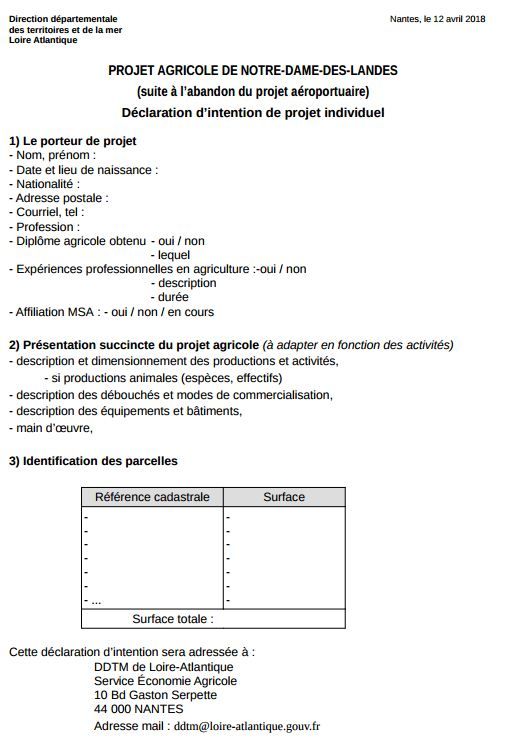 Capture d'écran du document intitulé&nbsp;"projet agricole de Notre-Dame-des-Landes, déclaration d'intention" mis en place par l'Etat à l'adresse des zadistes, le 12 avril 2018. (PREFECTURE DE LOIRE-ATLANTIQUE)