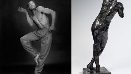 Les corps de Mapplethorpe et Rodin sont saisis dans leurs mouvements et les tensions qui sculptent les corps. Un buste cambré en arc du premier fait écho au "Grand torse de l'homme qui tombe" du second. Les femmes accroupies de Rodin dialoguent avec les photos de face, de dos et de profil d'Ajitto (1981) sur un tabouret.
 (A gauche, Robert Mapplethorpe Foundation, Inc. - A droite © Paris, musée Rodin, ph. C. Baraja)