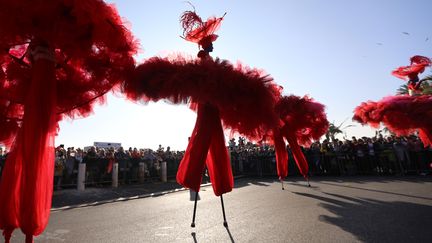 Des artistes se produisent le 16 février 2019 pendant la parade du 135e carnaval de Nice. (VALERY HACHE / AFP)