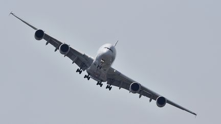 Un Airbus A380 vole au-dessus du Bourget, en Seine-Saint-Denis, le 22 juin 2017. (CHRISTOPHE ARCHAMBAULT / AFP)