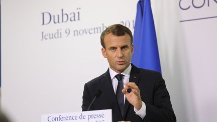 Emmanuel Macron, le 9 novembre 2017, Dubai (Emirats&nbsp;arabes unis). (LUDOVIC MARIN / AFP)