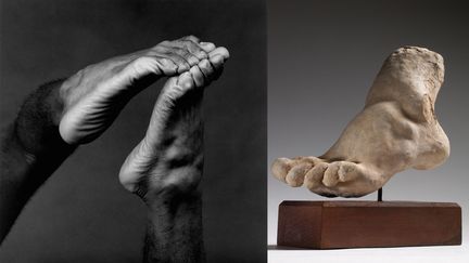 Les deux artistes s'attachent à des détails, des fragments de corps, isolant un pied, coupant un corps. Rodin collectionnait des fragments antiques. On est ébloui par les mains de Lucinda Childs prises par l'objectif de Mapplethorpe. La jambe de Lysa Lion qui traverse le cadre prend une dimension singulière. Dans un autoportrait de 1988, quelques mois avant sa mort, il a zoomé sur ses yeux clairs au regard sombre.
 (A gauche, 2014 Robert Mapplethorpe Foundation, Inc. - A droite © Paris, musée Rodin, ph. C. Baraja)