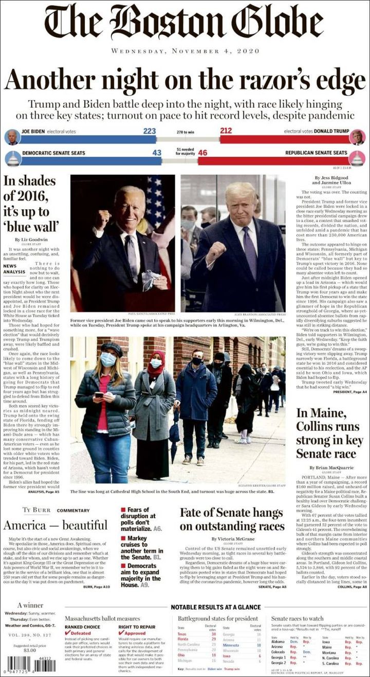 Une du "Boston Globe", le 4 novembre 2020. (THE BOSTON GLOBE)