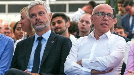 Laurent Wauquiez, LR president of the Auvergne-Rhône-Alpes region, and Eric Ciotti, president of the Republicans, in Valence (Drôme), October 1, 2023. (NICOLAS GUYONNET / HANS LUCAS / AFP)