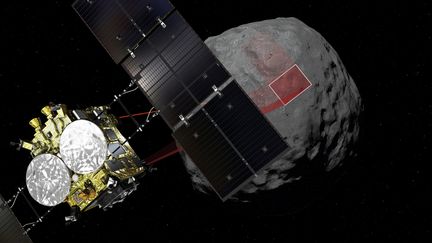 Une image de synthèse de l'Agence d'exploration spatiale japonaise montre l'atterrissage de la sonde spatiale Hayabusa2 sur l'astéroïde Ryugu, réussi le 22 février 2019. (JAXA / REUTERS)