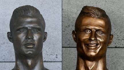 Le nouveau buste de Christiano Ronaldo et l'ancien (à droite), à l'aéroport de Madère (Portugal), le 18 juin 2018.&nbsp;&nbsp; (FRANCISCO LEONG / AFP)