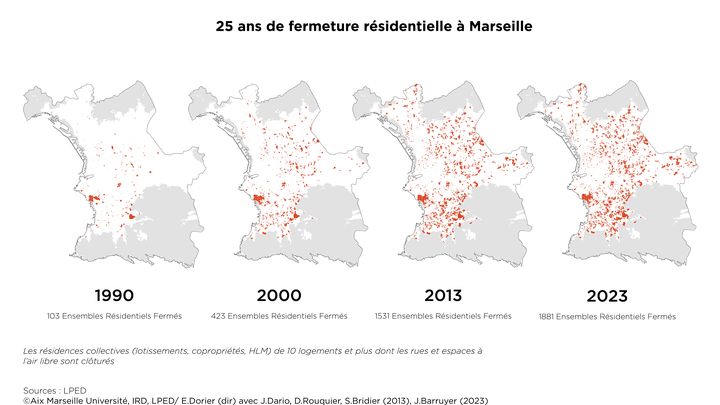 Cette carte, réalisée par le laboratoire Population-Environnement-Développement (LPED) de l'université d'Aix-Marseille, montre l'évolution des fermetures résidentilles à Marseille. (AIX MARSEILLE UNIVERSITE / IRD / LPED)