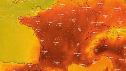 Capture d'écran de la carte des températures affichées par le site Windy, le 27 juin 2019 à 17 heures. (WINDY / FRANCEINFO)