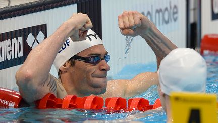 Camille Lacourt, le 17 mai 2016 lors des championnats d'Europe de natation à Londres (Grande-Bretagne). (GLYN KIRK / AFP)