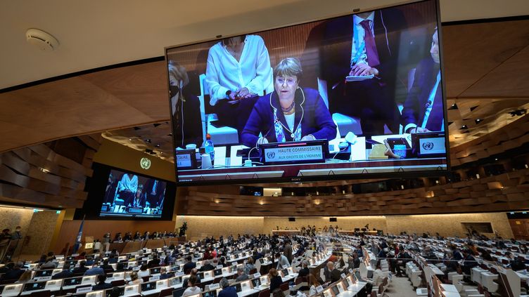 Le Conseil des droits de l'homme de l'ONU à Genève (Suisse), le 3 mars 2022. (FABRICE COFFRINI / AFP)