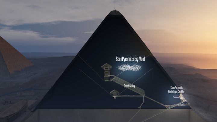 Un schéma en 3D de la découverte de l'équipe ScanPyramids, jeudi 2 novembre 2017. (SCANPYRAMIDS MISSION)