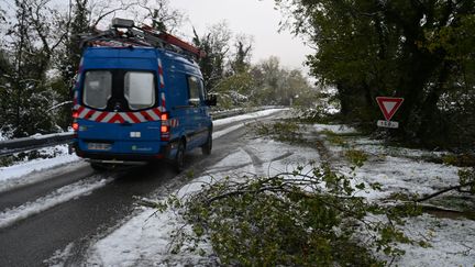 1 000 techniciens sont mobilisés en Drôme-Ardèche le 18 novembre pour rétablir l'électricité après les importantes chutes de neige du 15 novembre. (JEAN-PHILIPPE KSIAZEK / AFP)