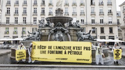 Des&nbsp;militants de Greenpeace, opposés&nbsp;à un projet de forage pétrolier de Total au large du Brésil, ont teinté de noir une fontaine à Nantes le 22 septembre 2018. (SEBASTIEN SALOM GOMIS / AFP)