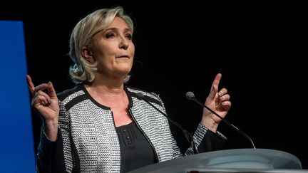 Marine Le Pen parle du changement de nom de son parti, le 1er juin 2018, lors d'un congrès à Lyon (Rhône). (NICOLAS LIPONNE / NURPHOTO)