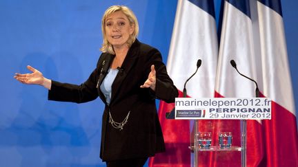 La pr&eacute;sidente du Front national Marine Le Pen lors d'un meeting &agrave; Perpignan (Pyr&eacute;n&eacute;es-Orientales), le 29 janvier 2012. (PASCAL PAVANI / AFP)