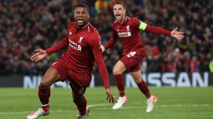 Georginio Wijnaldum célèbre son but, le troisième de son équipe, le 7 mai 2019 à Liverpool (Angleterre). (PAUL ELLIS / AFP)