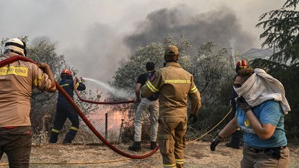 Des pompiers luttent contre le feu à Volos, en Grèce, le 27 juillet 2023. (TATIANA BOLARI / EUROKINISSI)