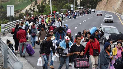 Des migrants vénézuéliens&nbsp;marchent vers le Pérou, le long de la route panaméricaine à Tulcan, en Équateur, après avoir traversé la Colombie, le 21 août 2018. (LUIS ROBAYO / AFP)