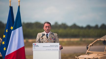 Le général Eric Vidaud, alors commandant des opérations spéciales, lors du Séminaire sur le réseau d'innovation des forces d'opérations spéciales, à Martignas-sur-Jalle (Gironde), le 1er juillet 2021. (BENJAMIN GUILLOT-MOUEIX / HANS LUCAS / AFP)