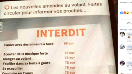 Une publication mensongère sur de "nouvelles amendes au volant" a été partagée des dizaines de milliers de fois ces derniers jours sur Facebook (Capture d'écran Facebook)