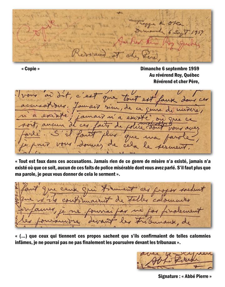 Extraits d’une lettre de l’abbé Pierre de 1959 dans laquelle il conteste être l’auteur de "faits de police" au Québec (DR)