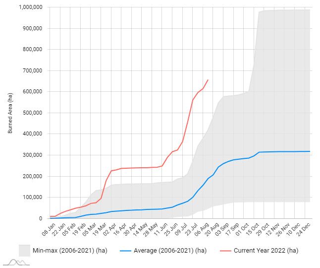 Les surfaces brûlées (courbe rouge) dans l'UE sont plus importantes cette année que sur la moyenne de la période 2006-2021 (courbe bleue), selon les données satellitaires. (EFFIS / COPERNICUS)