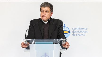 L'archevêque de Reims et président de la conférence des évêques de France, Eric Moulins-Beaufort, le 7 novembre 2022 à Lourdes (Hautes-Pyrénées).
.&nbsp; (CHARLY TRIBALLEAU / AFP)