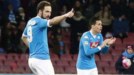 Face au Chievo Vérone, Gonzalo Higuain (à gauche), l'attaquant du Napoli, a inscrit son 26e but de la saison en Serie A. (CARLO HERMANN / AFP)