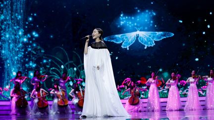 La chanteuse&nbsp;Tan Weiwei lors d'un gala à Shanghaï (Chine), le 23 juin 2019. (MAXPPP)