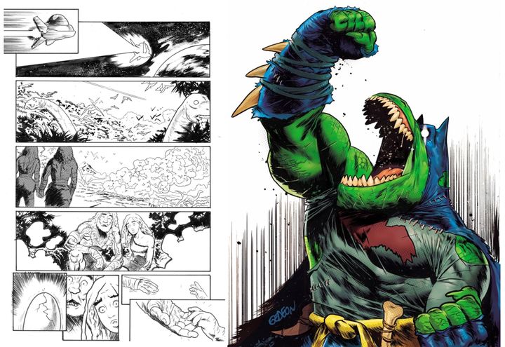 Planches de "Jurassic League". A droite, "Batsaur", le Batman en version Jurassique. (DANIEL WARREN JOHNSON / JUAN GEDEON / DC COMICS)