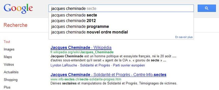 Le mot "secte" associé par Google aux recherches sur Jacques Cheminade. (DR)